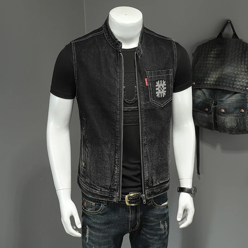 2022 Jean Jacket Men Denim Vest Coats Black Slim Stand-up Collar Zipper Sleeveless Motorcycle Style Waistcoat Coat Cowboy Brand