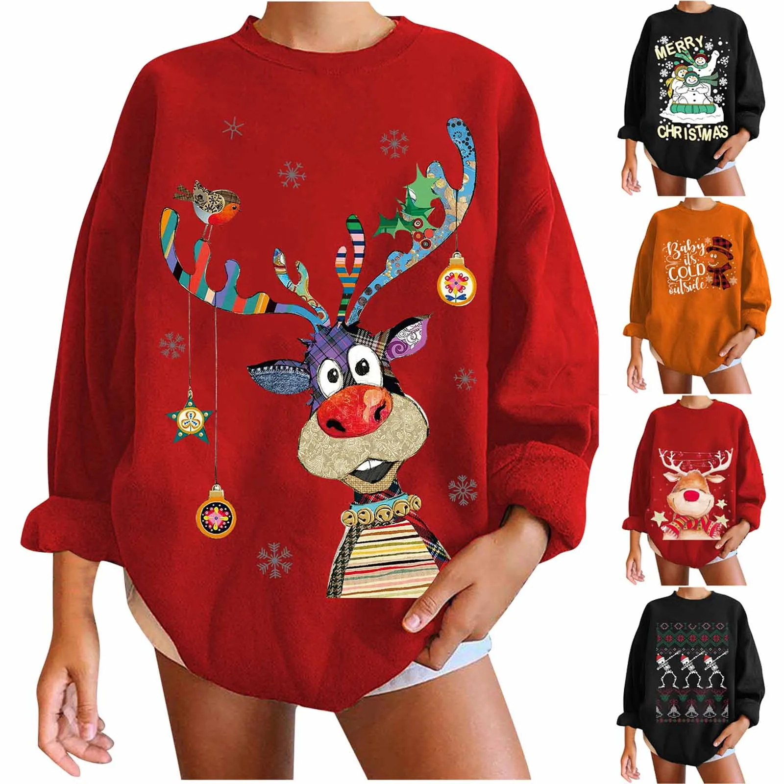 

Christmas Oversized Sweaters Female Elk Print Sweatshirt Tops Warm Cartoons Long Sleeve Ladies Xmas Pullovers Women's Clothing