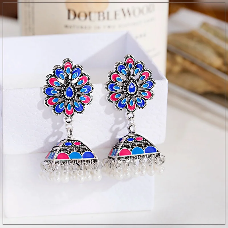 Retro Flower Bollywood Oxidized Women Jhumka Indian Earrings Femmes 2020 Ethnic Silver Color Afghan Tassel Drop Earrings