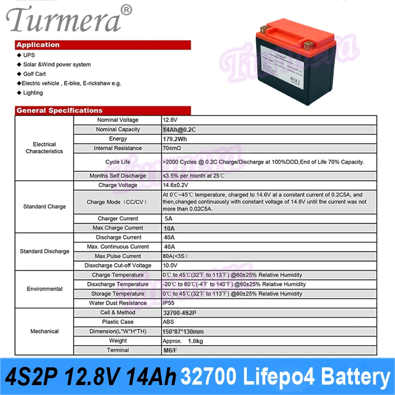 12.8V 14Ah 32700 Lifepo4 Batterij Hoge Rate 4S 40A Balans Bms Voor 12V Motorfiets En Ups Vervangen lood-zuur Batterijen Gebruik Turmera