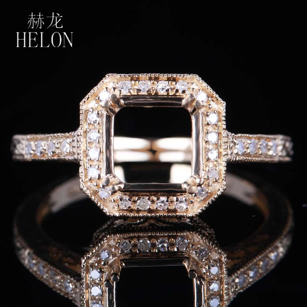 HELON 7X7mm Cushion Solid 14k AU585 Yellow Gold Natural Diamonds Semi Mount Engagement Ring Women Vintage Fine Jewelry Gift