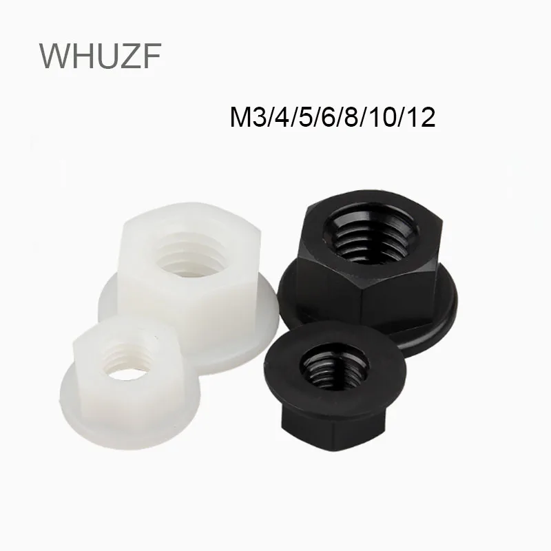 WHUZF Free Shipping Nylon Flange Nuts 100/500pcs Nylon Hexagon Flange Nut M3 M4 M5 M6 M8 M10 M12 Nylon Plastic Flange Nut