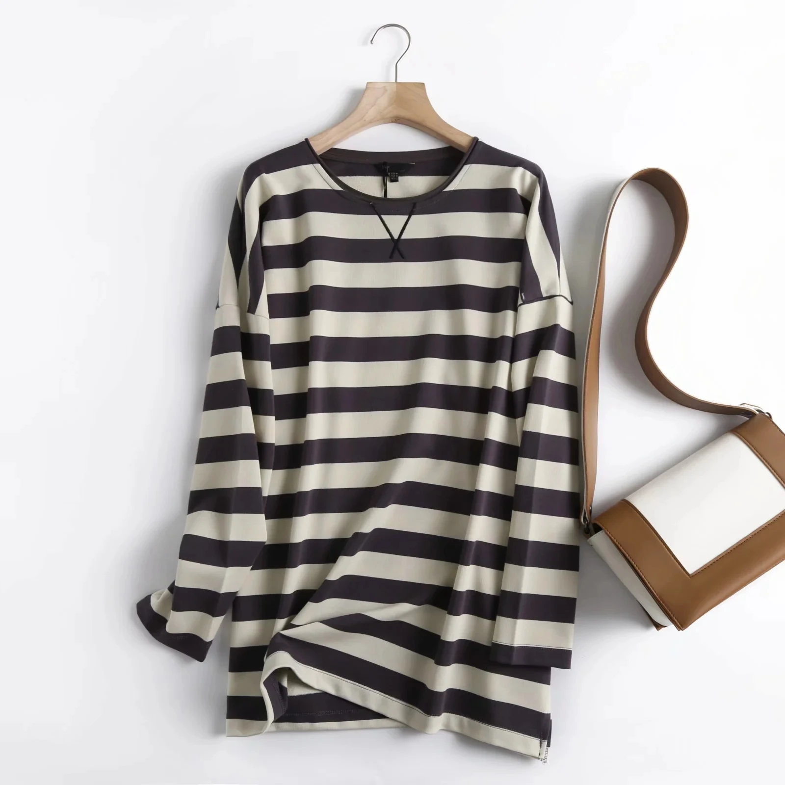 Maxdutti Spring Summer England Vinatge Striped O-neck Oversize Loose Cotton boyfriend Hoodies Sweatshirt Pullovers Tops