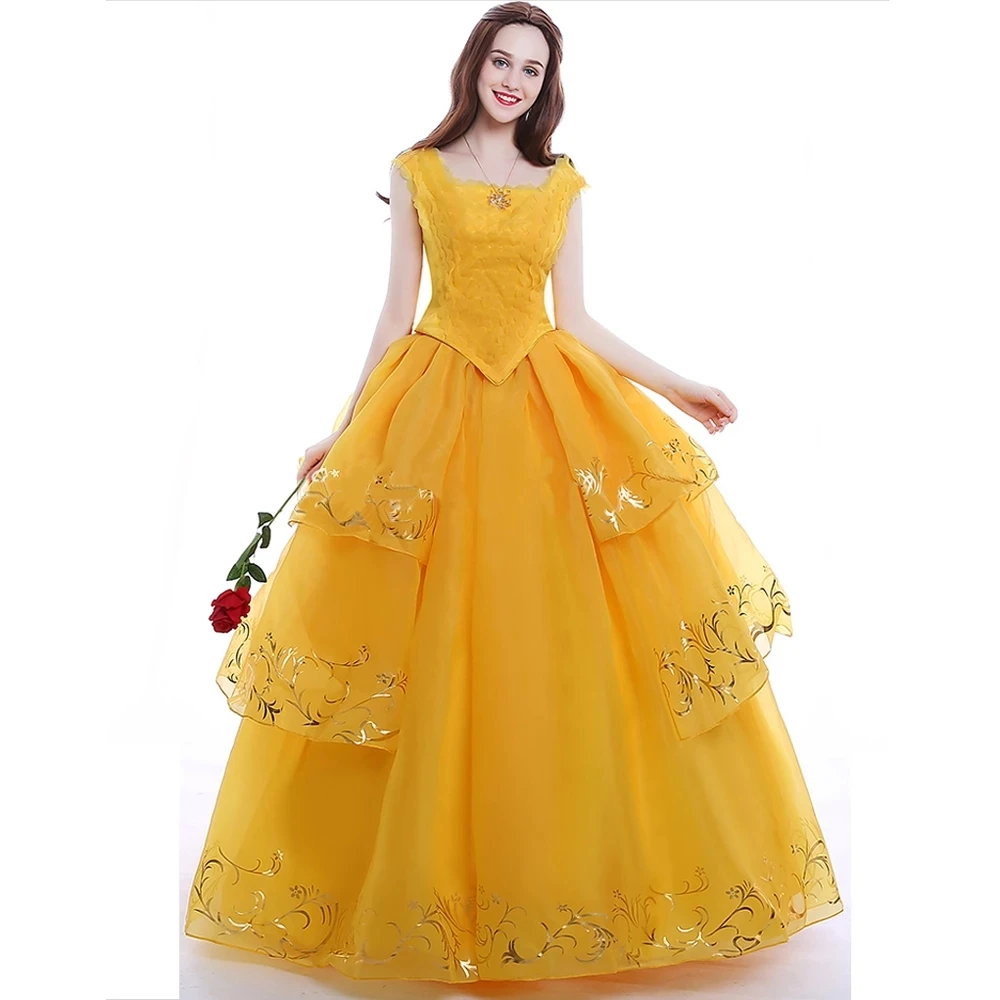 Moive Beauty And Beast Belle Cosplay Costume Adult Bella Princess Yellow Dress Women Girls Halloween Party Dresses Top Quality