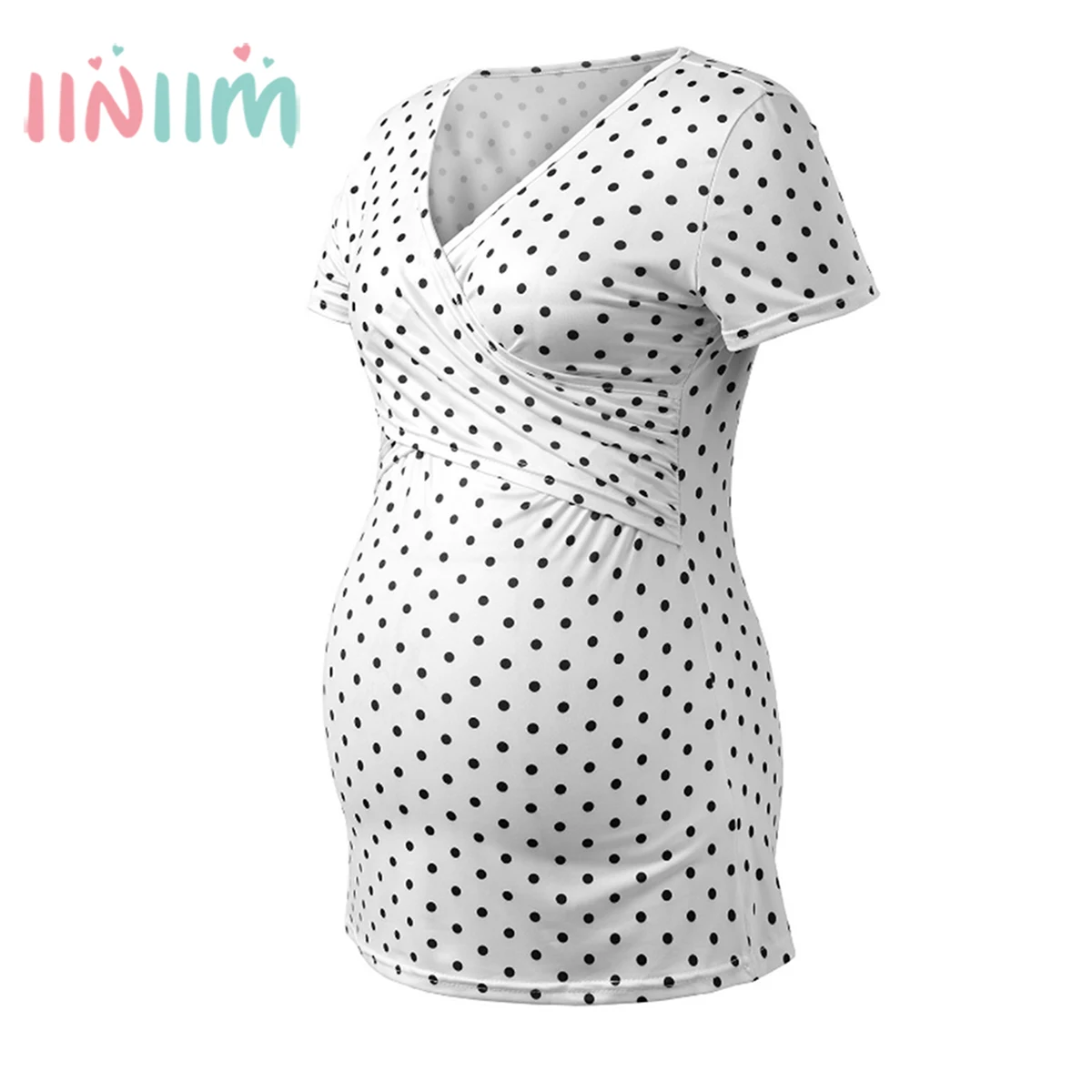 

iiniim Pregnancy Nursing Breastfeeding Clothing Short Sleeve Deep V Neckline Criss Cross Solid Colour Dots Print Maternity Top