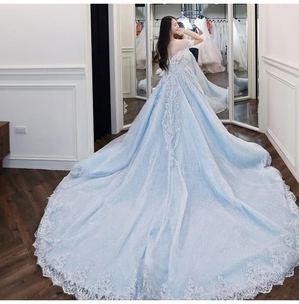 Robe de mariage O-neck Lace applique Ball Gown wedding dress turkey Luxury Cathedral Train Princesa Wedding Dress