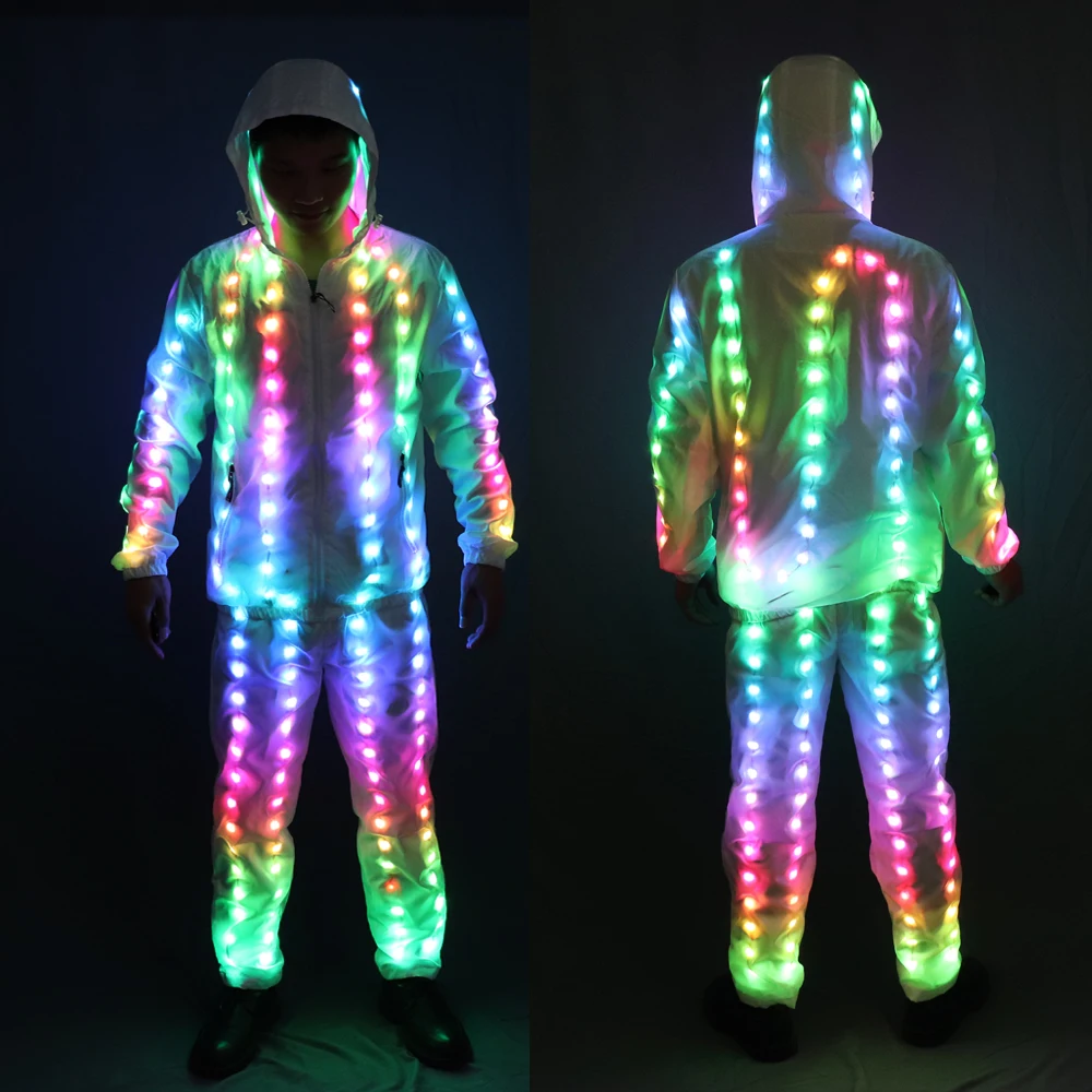 Pełnokolorowe pikselowe światła LED Kurtka Płaszcz Spodnie Kostiumy Garnitur Rozświetlony Rave Kreatywny kostium sceniczny Xmas Party Fancy Dress