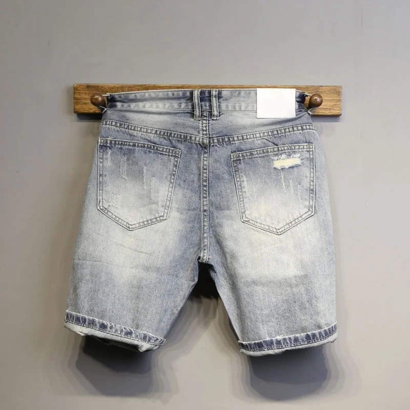 Street High Light Blue Knee Length Denim Shorts Men Hole Ripped Vintage Patchwork Design Summer Jeans Slim Straight Shorts Male