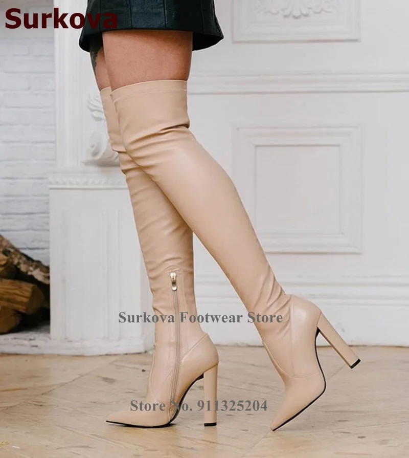 

Surkova Sexy Elastic Matte Leather Over-the-knee Boots Chunky Heel Pointed Toe Bodycon Boots Zipped Thigh High Boots Dress Shoes