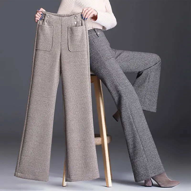 Autumn Winter Thick Wool Wide Leg Pants Women's High Elastic Waist Straight Leg Knitted Long Pant Ladies Casual Sweater Trousers