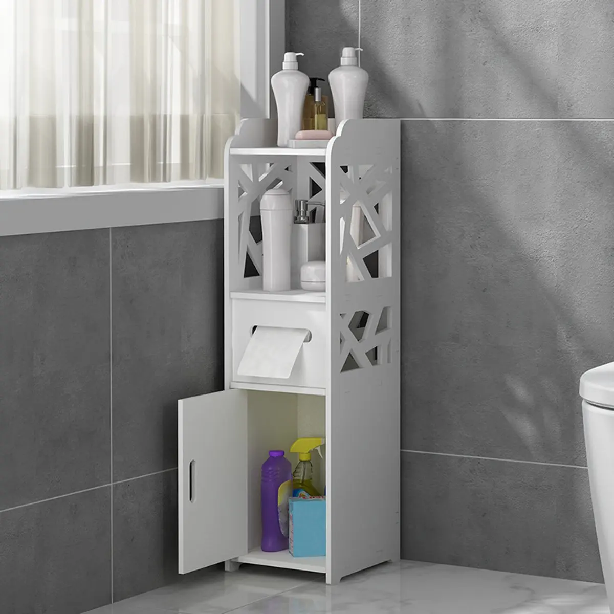 Bathroom Storage Corner Floor Standing Cabinet with Doors and Shelves Thin Toilet Vanity Cabinet Narrow Bath Sink Organizer