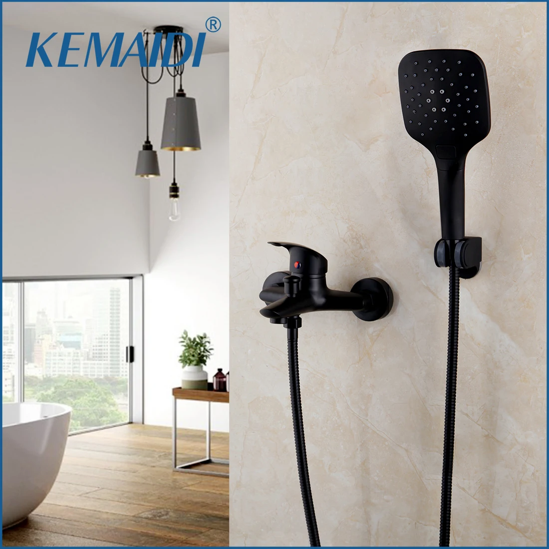 

KEMAIDI Black Wall Mount Rainfall Round Shower Head 2 Functions 1 Handle Bathroom Bathtub Shower Faucet Set Mixer Taps