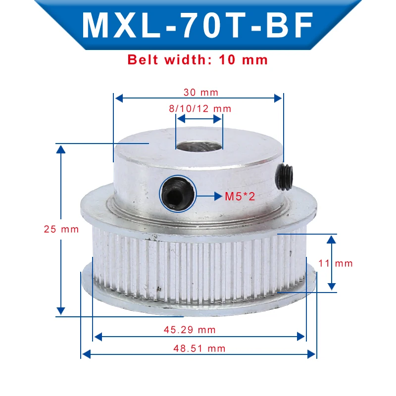 Timing Pulley MXL-70T Inner Bore 8/10/12 mm Belt Pulley Slot Width 11 mm Match with Width 10 mm MXL-Timing Belt For 3D Printer