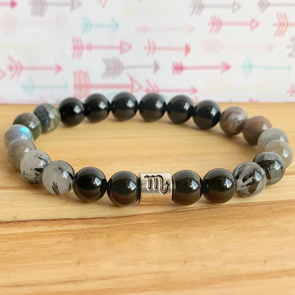 MG1304 New Design Scorpio Zodiac Bracelet Women`s Black Onyx Yoga Mala Bracelet Rutilated Quartz Labradorite Energy Bracelet