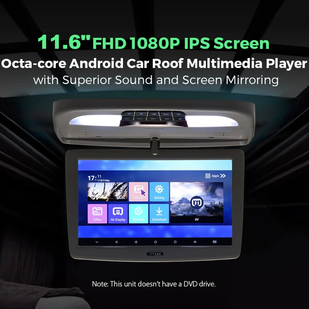 11.6 Inch Car Overhead Flip Down Roof Monitor Android 9.0 Video Player 2GB + 16GB TV WIFI USB SD HDMI BT Miracast Screen Dispaly