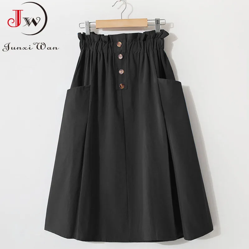 Women Summer Skirt Spring Korean Style Casual Solid High Waist  A-Line Midi Skirts With Pocket Girls Elegant Faldas