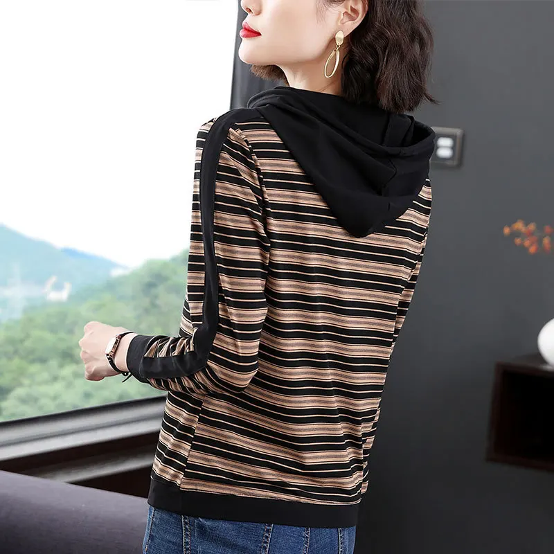 Oder Cotton Spring and Autumn Hoodie Loose Stripe T-shirt Women's 2021 New Pullover Casual Long Sleeve Hoodie