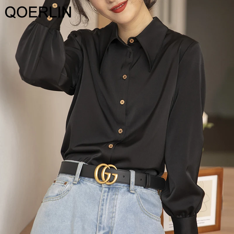 QOERLIN OL Stylish Satin White Shirt Elegant Formal Blouse Luxury Women Shirts Buttons Cuff Long Sleeve Office Tops Black Blouse