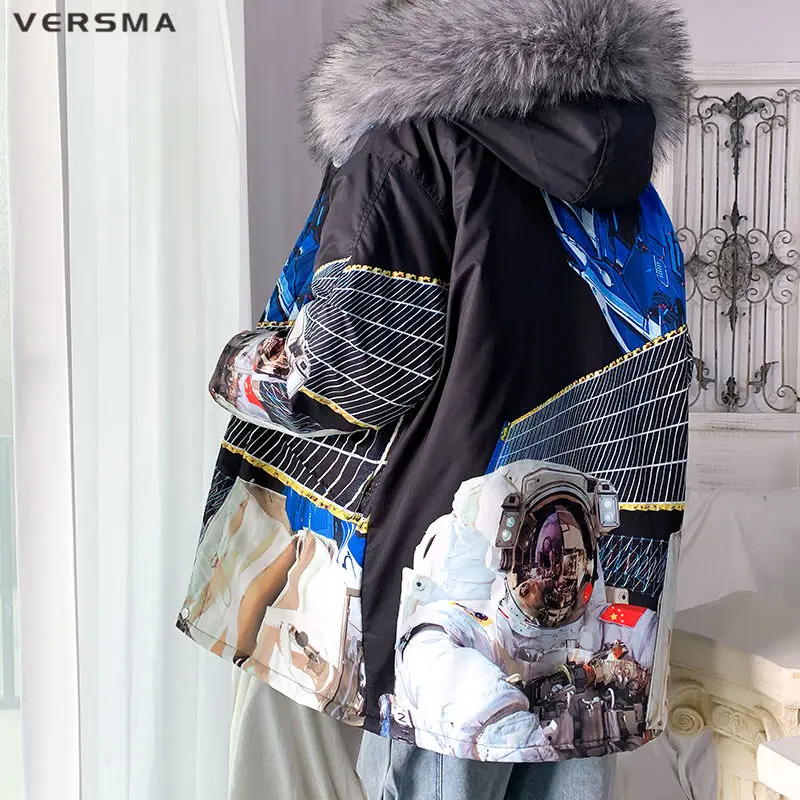 Casacos masculinos de inverno versma, jaquetas japonesas tipo harajuku com estampa de grafite, forrados e de algodão, roupa de rua grossa, dropshipping