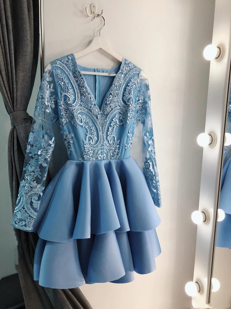 Light Blue V Neck Lace A Line Prom Dresses Long Sleeves Applique Tiered Layers Short Party Cocktail Homecoming Dresses