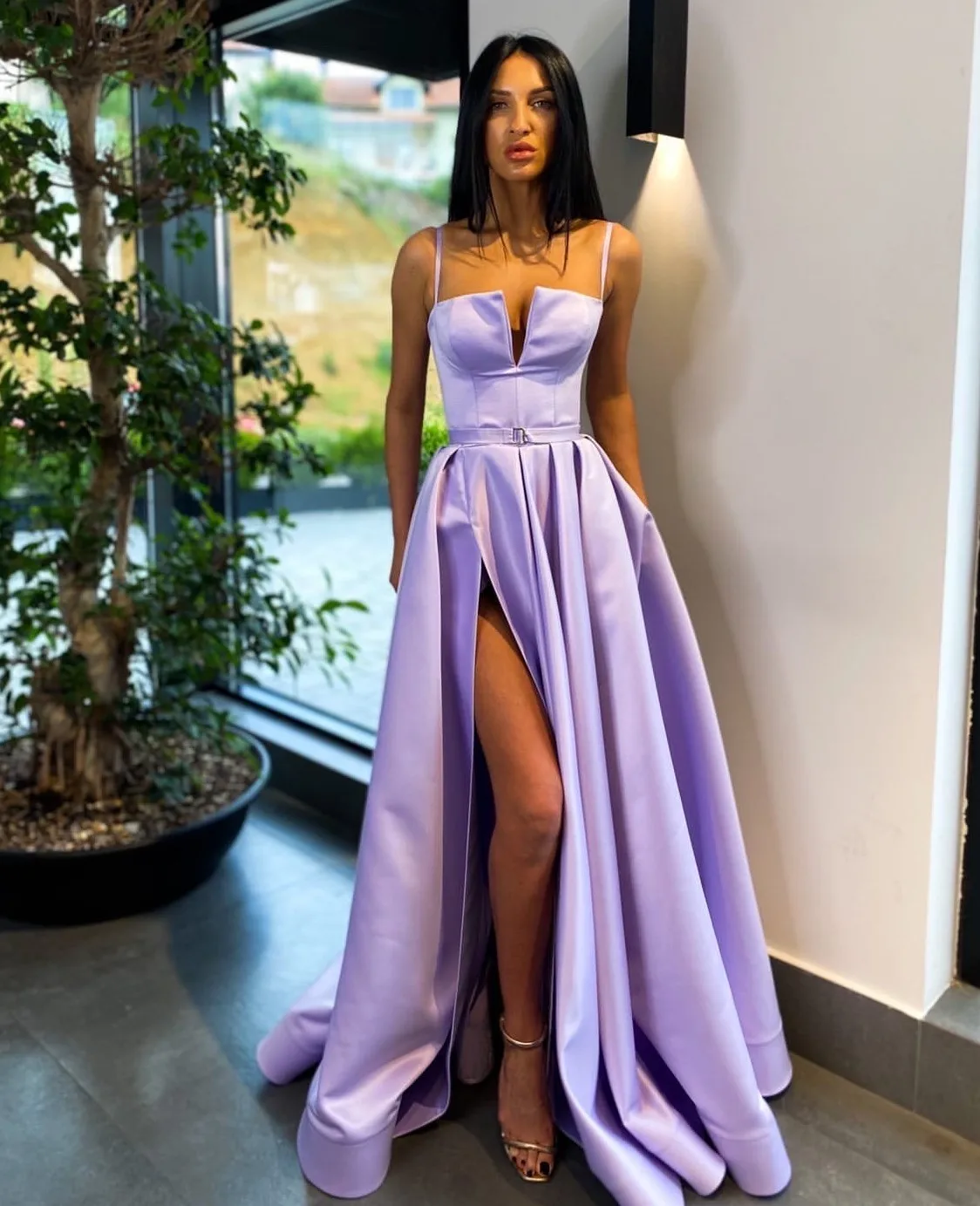 

Lilac A Line Long Satin Evening Party Dresses 2024 Side Slit Straps Prom Formal Gowns Robe Soiree Vestido De Fiesta
