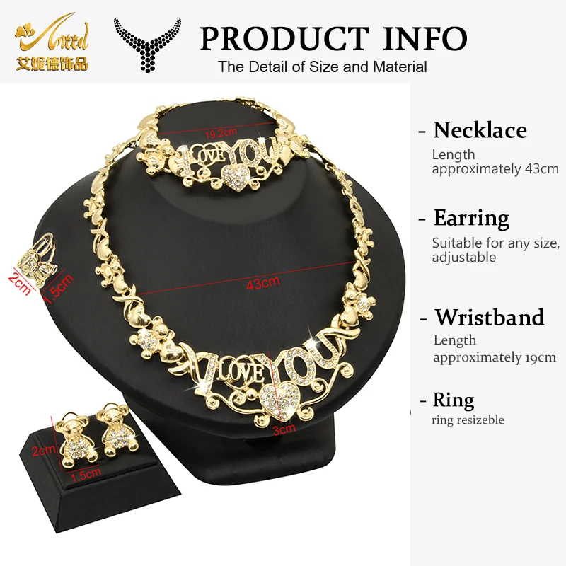 ANIID XOXO Dubai Gold Color Jewelery I Love You Necklace Earrings Sets For Woman Nigerian Jewellery Wedding Ethiopian African