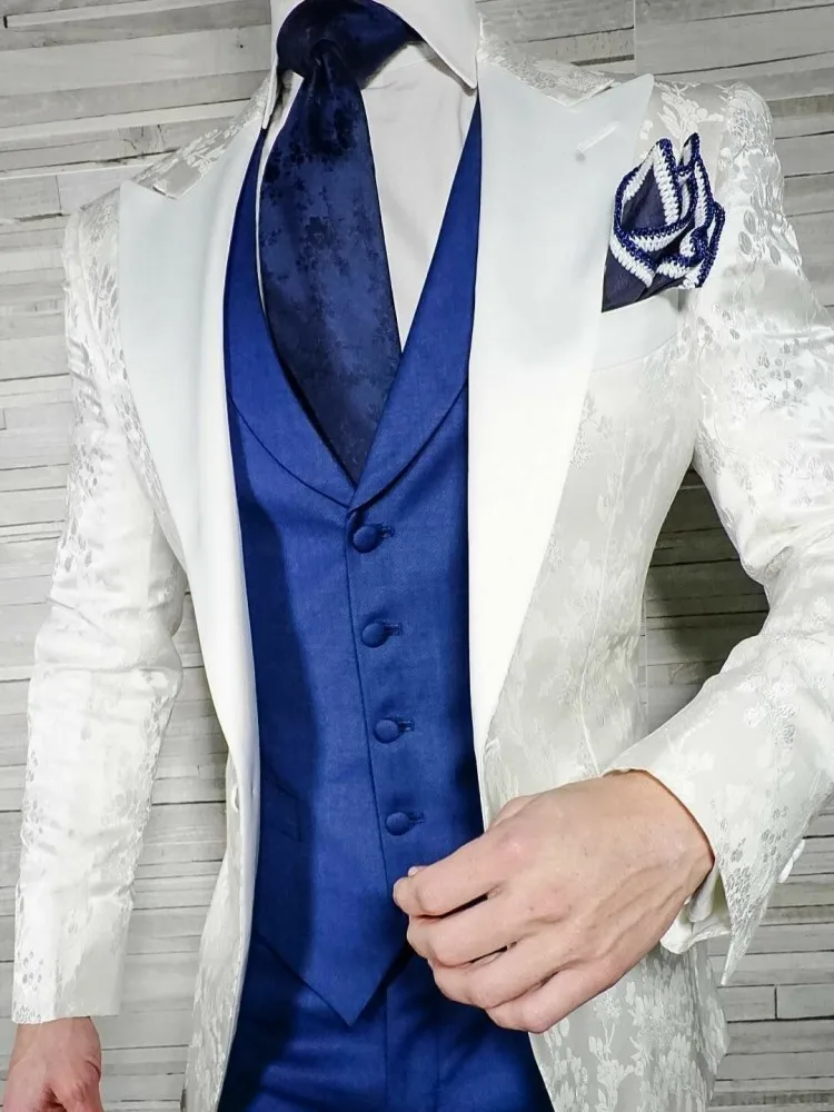 

Men Suits White Pattern and Royal Blue Groom Tuxedos Shawl Lapel Groomsmen 3 Pieces ( Jacket + Pants + Vest + Tie ) D298