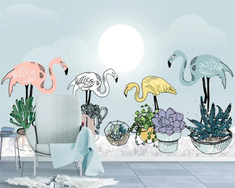 

Custom Mural Nordic Plants Flamingo Cactus Children's Room Background Wall wall papers home decor papel pintado de pared