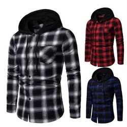 Camisas informales a cuadros para hombre, Jersey de manga larga de algodón de alta calidad, con capucha, blusa superior, moda de otoño e invierno