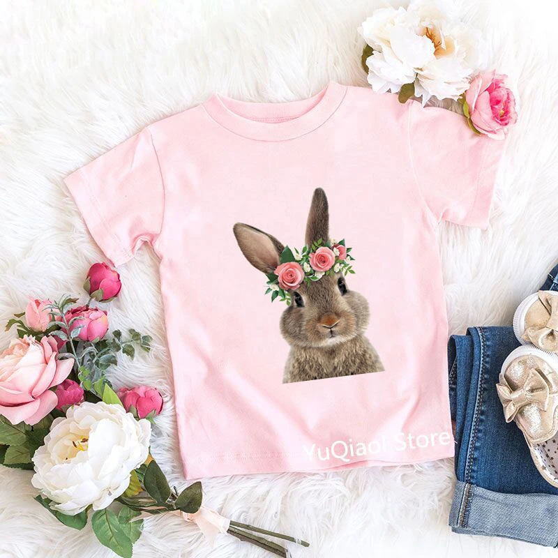 

High Quality Pink Tshirt For Girls Cute Rabbit/Bunny With Flowers Print Children's Clothes Summer Top Kids T Shirt Custom DIY