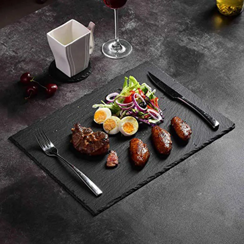 Slate Stone Coasters Square Black Natural Edge Stone Drink Coaster Pad Serving Plate for Bar Home Kitchen