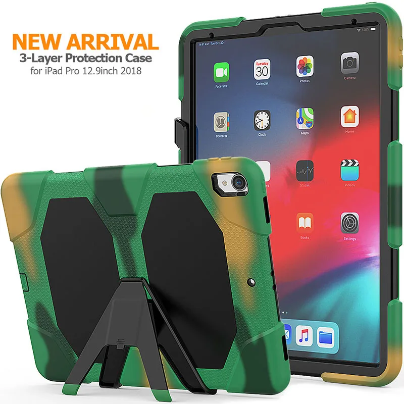 

For iPad Pro 12.9 2018 Case Cover Silicone Shockproof Heavy Duty Kickstand Hand brace Hard Built-in screen Full Body Protector