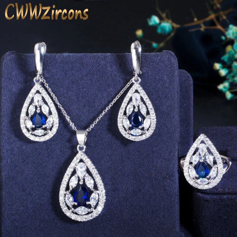 

CWWZircons Brand New Fashion Dark Blue Crystal Jewelry Set Tear Drop CZ Huggie Earring Necklace and Ring Sets for Women T286