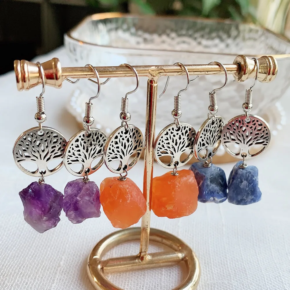 Tree of Life Natural Crystal Drop Earring for Women Irregular Healing Ore Rock Quartz Stone Citrines Pink Purple Crystal Earring