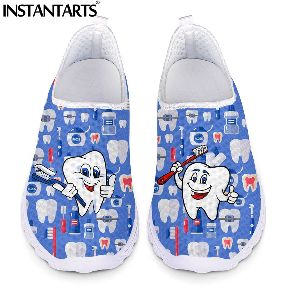 INSTANTARTS Cute Cartoon Tooth Print Women Slip On Dentist Sneakers Mesh Ladies Flat Shoes Light Casual Summer Female Loafers