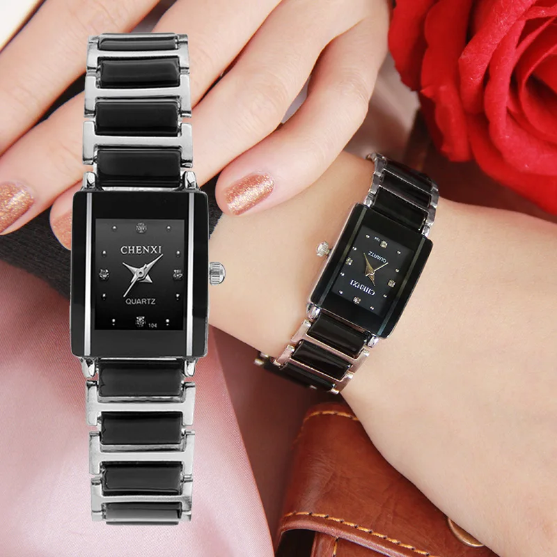 CHENXI-Reloj de cerámica negra para mujer, reloj de pulsera con diamantes de imitación, minimalista, pequeño, estrecho, informal, marca elegante