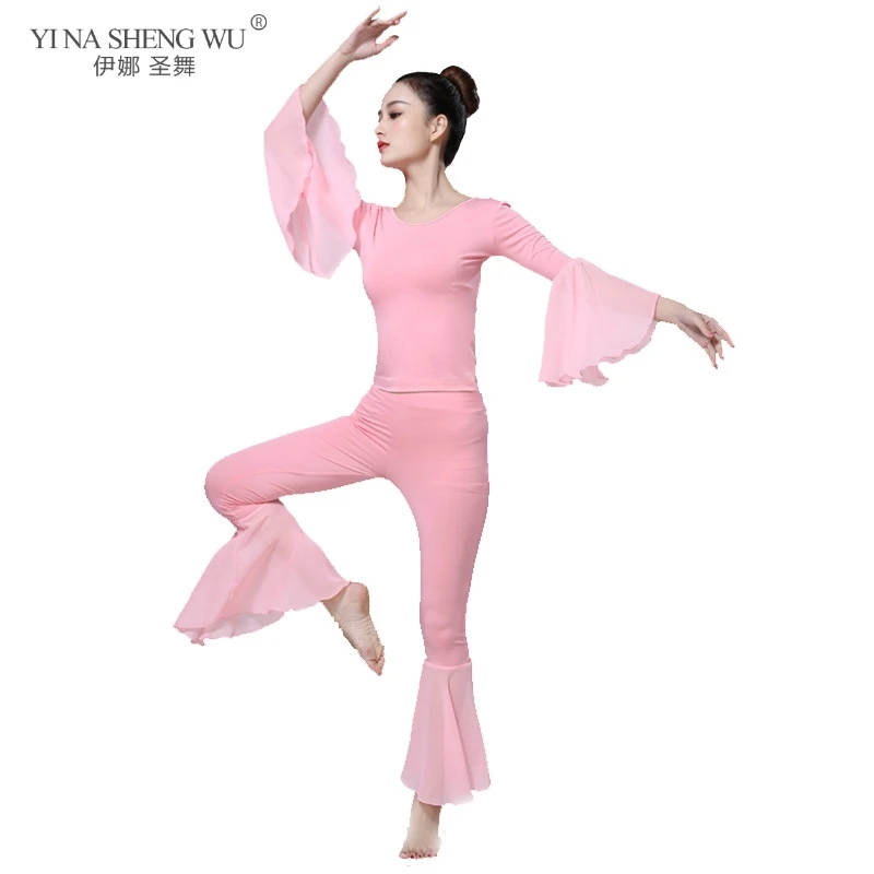 Costume de danse du ventre pour femmes, ensemble de vêtements d'entraînement de danse pour adultes, manches trompette, vêtements de danse, 2 pièces, haut + pantalon