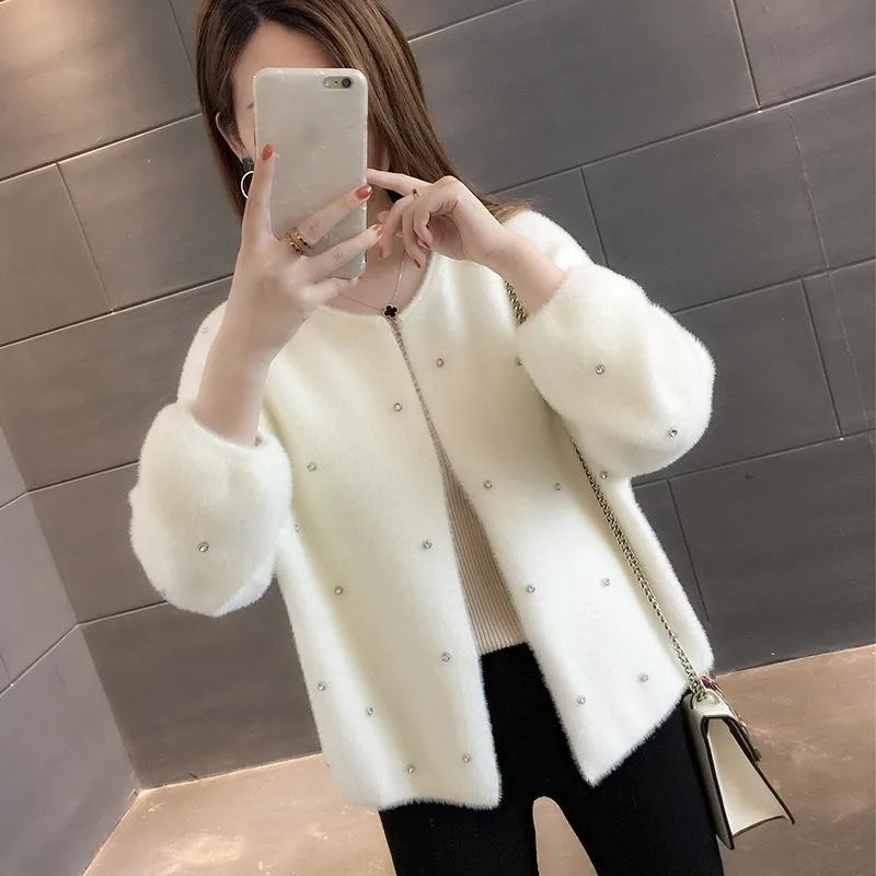 

2023 Women Casual Coat Imitate Mink Fur Solid O Neck Cardigan Jacket Autumn Winter Clothes With Beading Outerwear Female