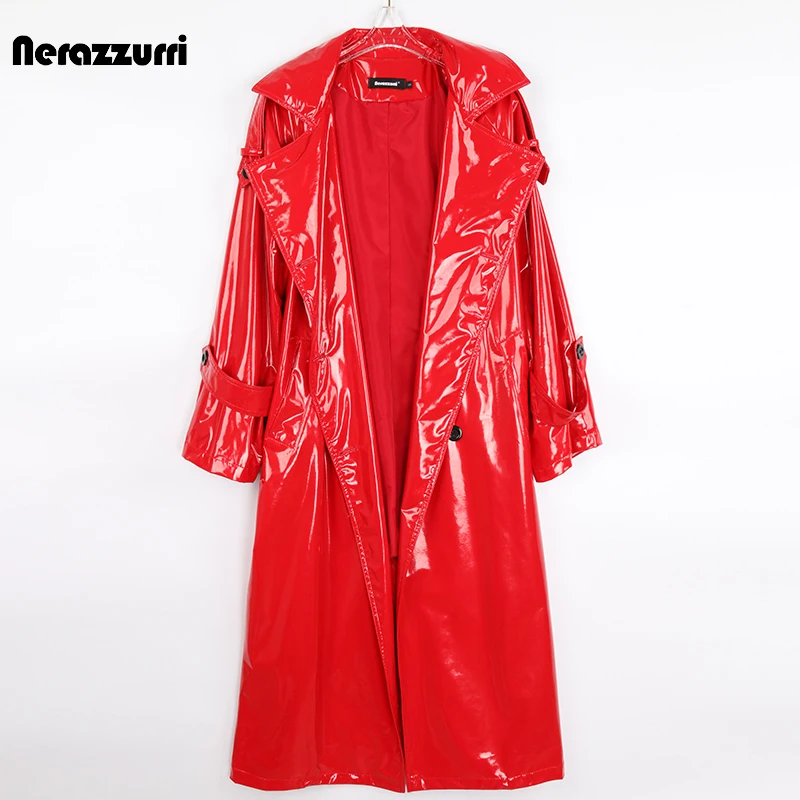 Nerazzurri Autumn Long Red Waterproof Shiny Reflective Patent Leather Trench Coat for Women Double Breasted Plus Size Fashion