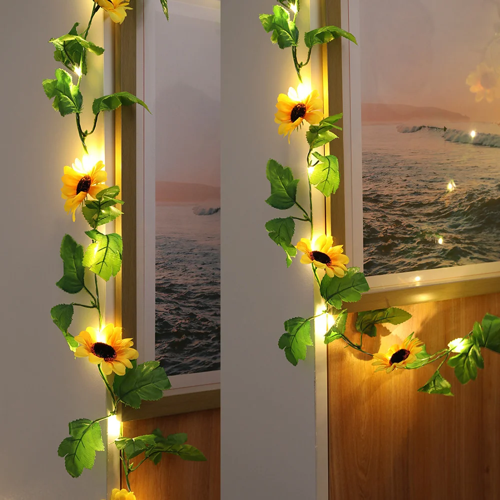 Guirnalda de luces de girasol artificiales, guirnalda de plantas de hoja verde para decoración de bodas, con batería, 2M, 20led