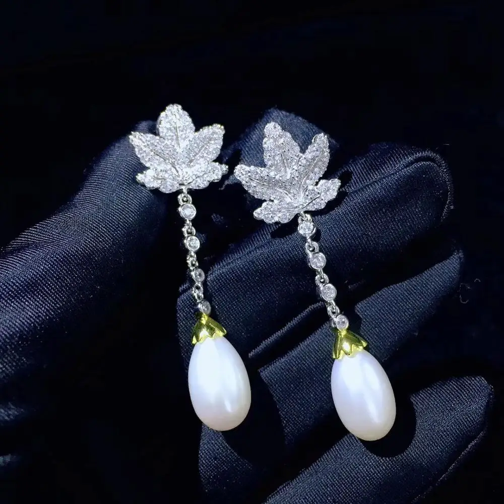 

plant natural fresh water pearl drop earring 925 sterling silver with cubic zircon leaf maple fine women jewelry daily wear