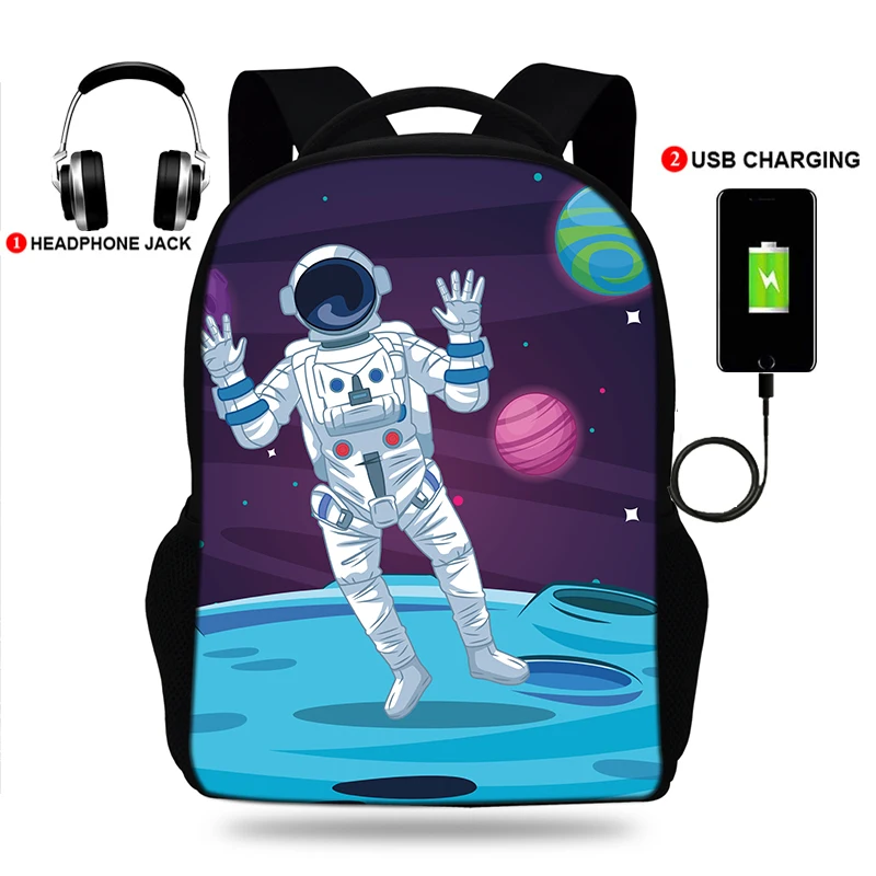 

17inch Cartoon Astronaut Print Backpacks Boys/Girls School Bags Laptop Teenage Notebook USB Charge Mochila