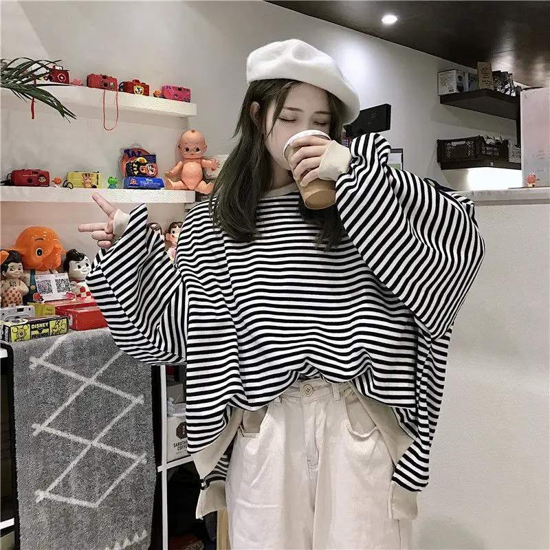 No Hat Hoodies Women Striped Spring Thin Casual Loose Womens Sweatshirt Korean Style Simple Fashion Preppy-style Student Ulzzang