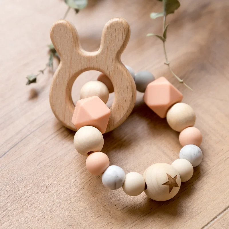 1PC  Silicone Beads Teether  Wooden Beads  Bracelet Nursing Teething Toys BPA Free Beech Wooden Star Bracelet DIY Baby Teether