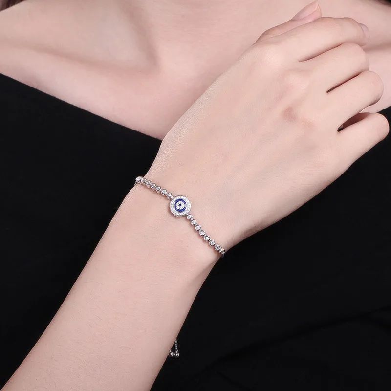 TONGZHE Summer Collection Blue Lucky Eye Bracelet 925 Sterling Silver Bracelets  Charm Clear CZ for Women Men Fine Jewelry