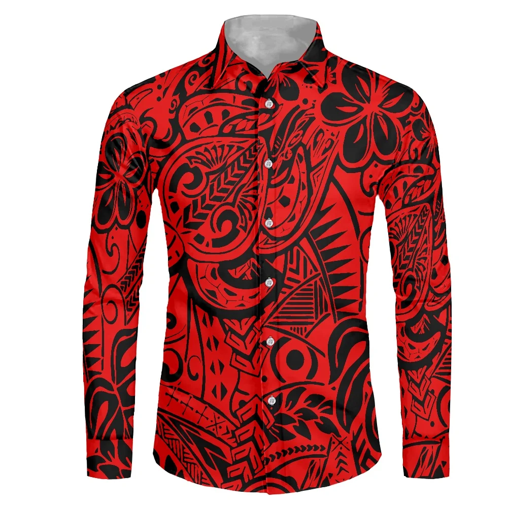 Polynesian Luxury Design Mens Long Sleeve Shirt Retro Style Mens Slim Long Sleeve Shirt Customizable Pattern Wholesale Price