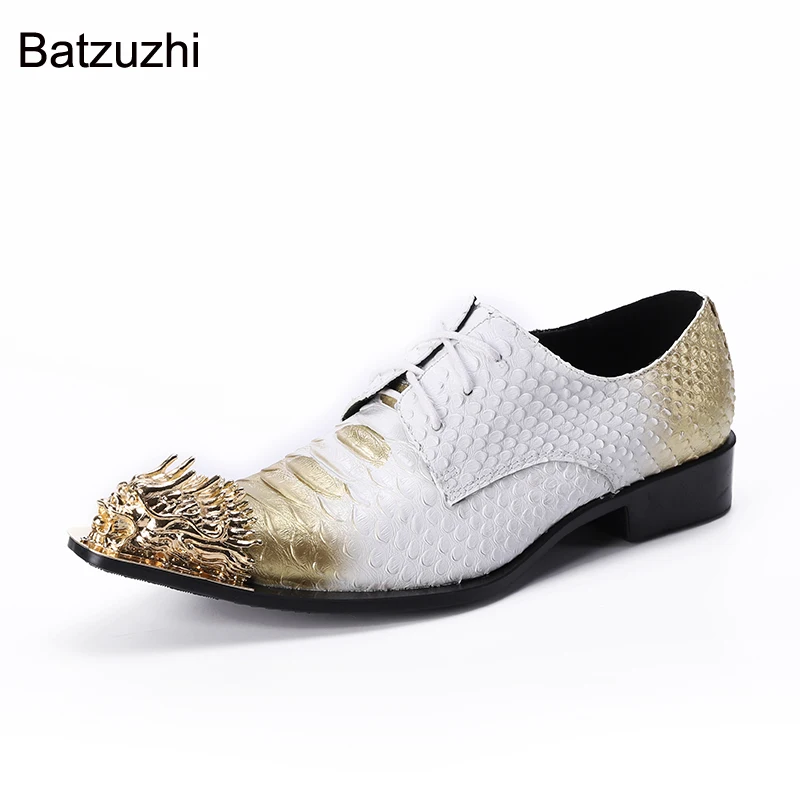 Batzuzhi Italian Style Men Shoes Golden Steel Toe Leather Dress Shoes Men Lace-up White Business, Party and Wedding Shoes Male