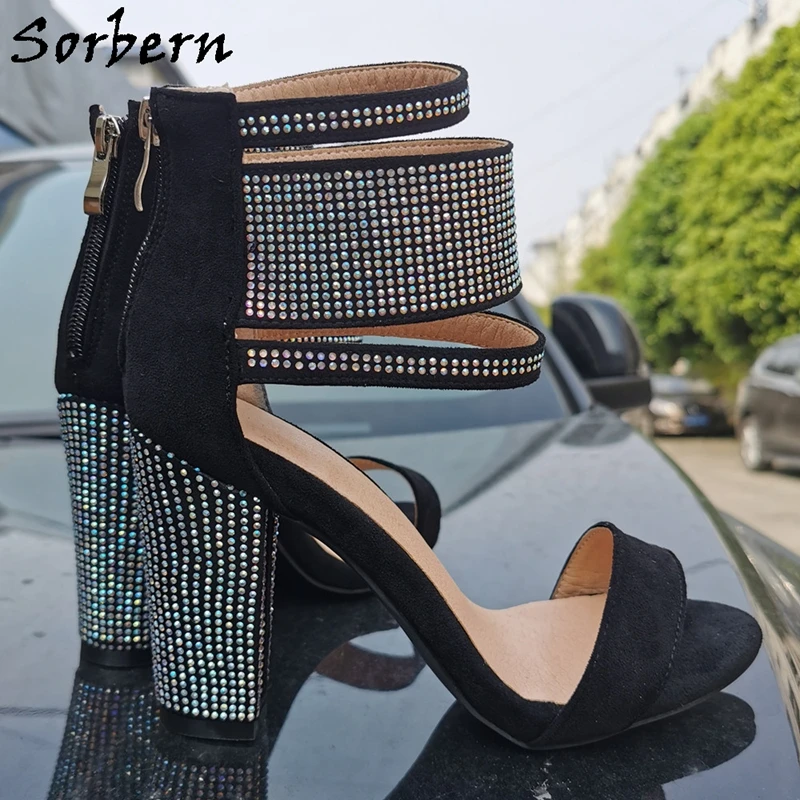 Sorbern Colorful Crystal Block Heels Women Sandals Wide Ankle Strap Summer Shoes Chunky High Heel Shoes Back Zippers Sandalias