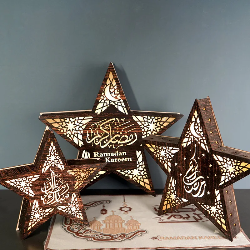 3 Size New Eid Mubarak Wooden Ramadan Gulbang Pentagram  LED Lamp Decoration Crafts Muslim Party Festival Lights Ornaments