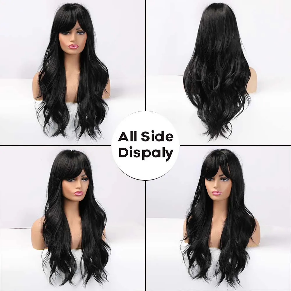 EASIHAIR Long Black Wigs Cosplay Body Wave Synthetic Wigs with Bangs for White Black Women Brazilian American Natural Hair